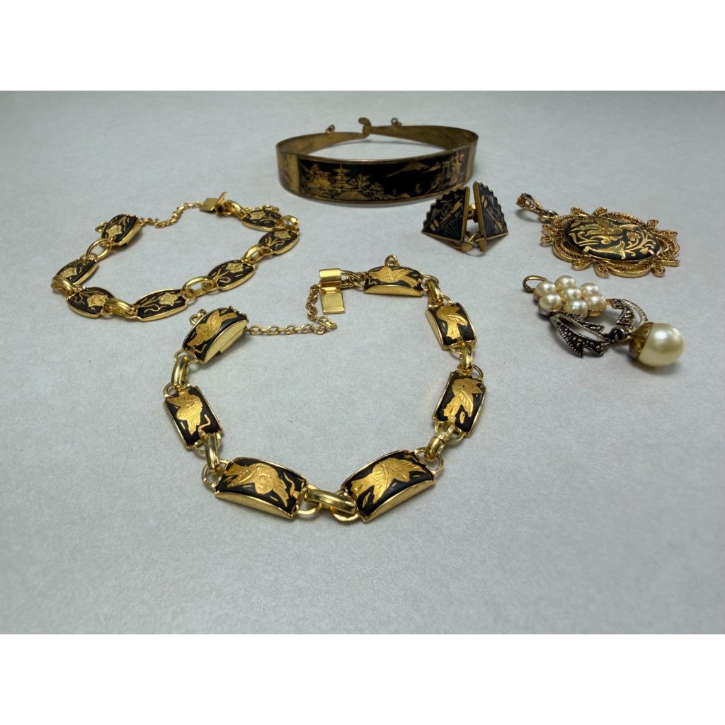 Vintage Damascene Jewelry Lot Siam Thailand Collectible Estate Find